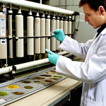 **

Prompt: *An environmental audit in progress at a textile factory. A technician in a lab coat analyzes wastewater samples while a factory worker points to a potential source of pollution. Focus on the diagnostic aspect and the identification of environmental issues.*

**