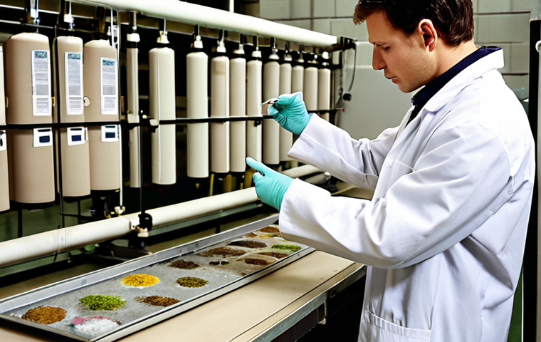 **
Prompt: *An environmental audit in progress at a textile factory. A technician in a lab coat analyzes wastewater samples while a factory worker points to a potential source of pollution. Focus on the diagnostic aspect and the identification of environmental issues.*
**