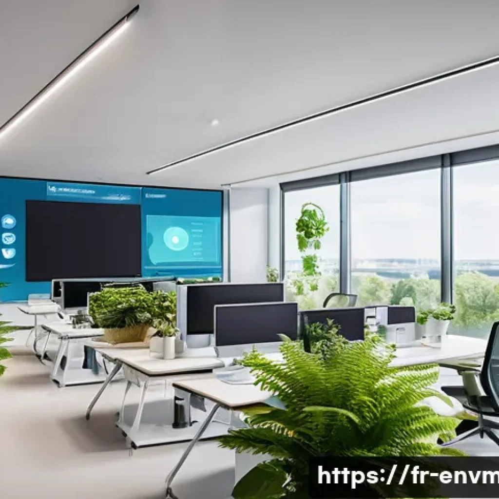 환경경영 실무에서의 문제 해결 방법 - A modern office building interior featuring smart IoT energy sensors visibly installed on walls and ...