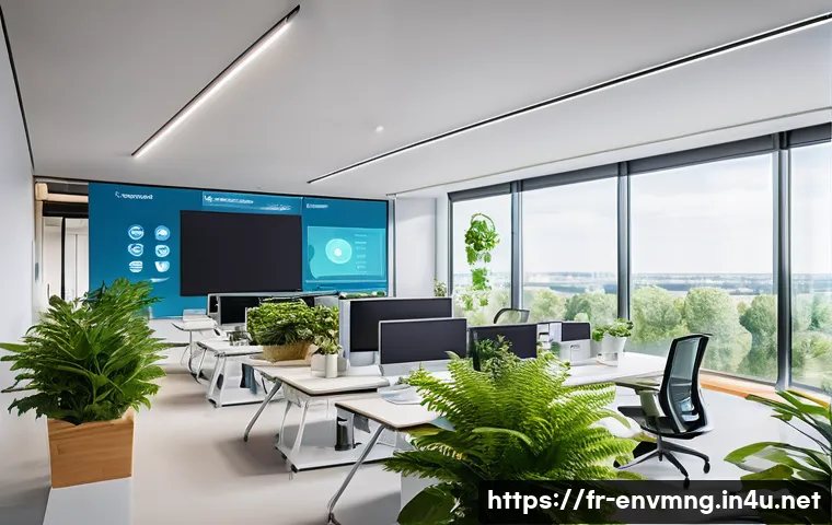 환경경영 실무에서의 문제 해결 방법 - A modern office building interior featuring smart IoT energy sensors visibly installed on walls and ...