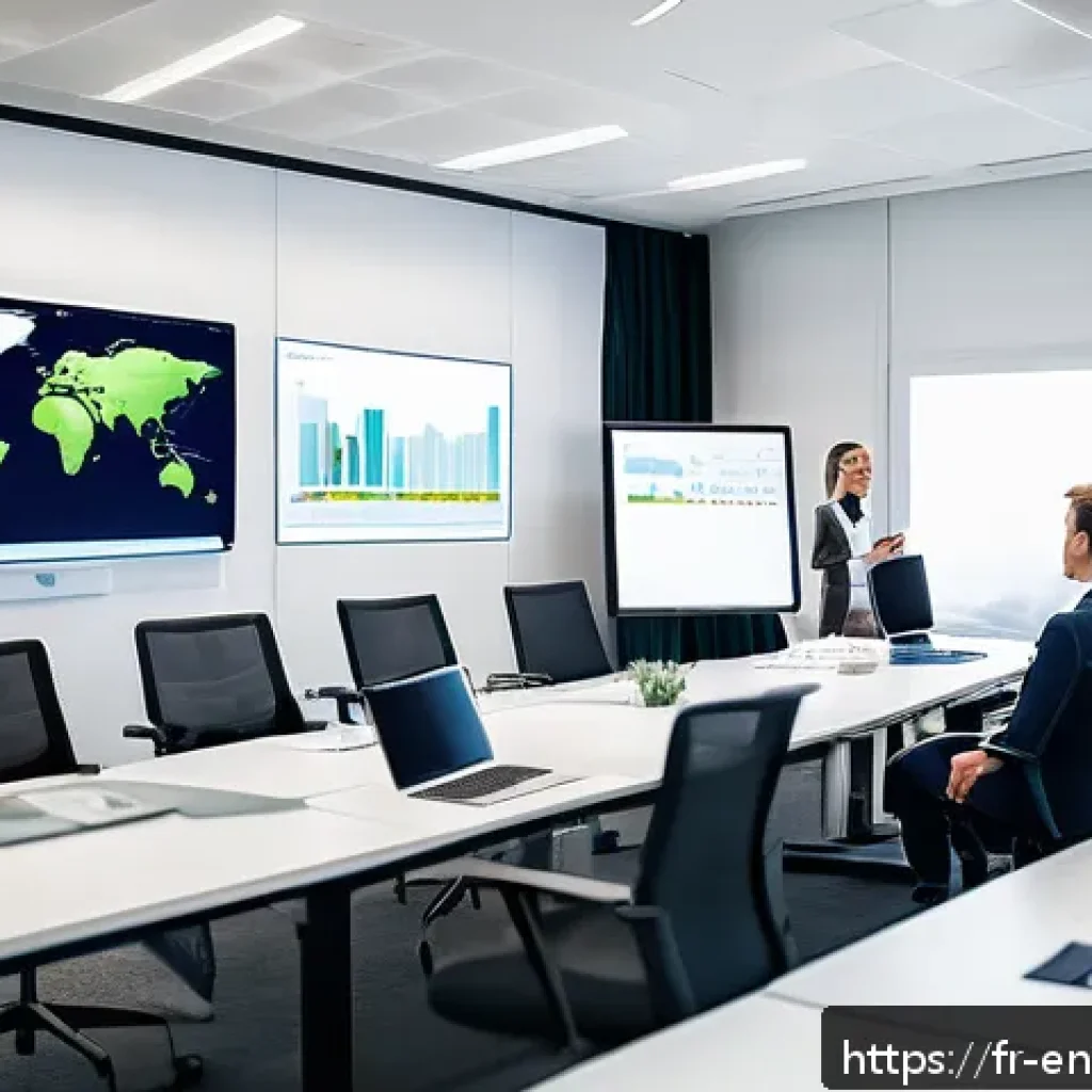 환경경영 자격증 취득을 위한 실습 - A modern office environment where a diverse group of professional employees is engaged in an environ...