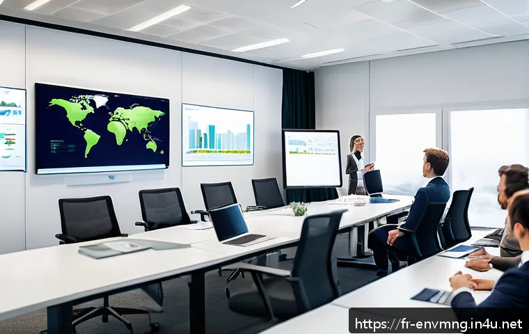 환경경영 자격증 취득을 위한 실습 - A modern office environment where a diverse group of professional employees is engaged in an environ...