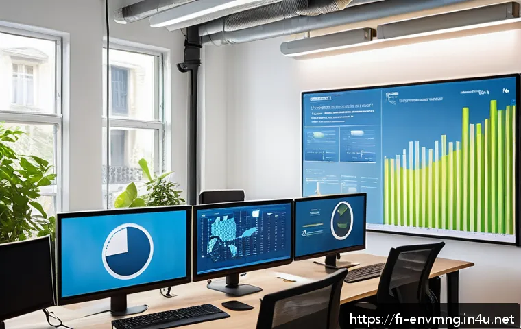 환경경영 업무 효율화 전략 - A modern French small-to-medium enterprise office environment showcasing an energy management softwa...