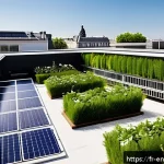 Home 19 환경경영 이론의 기본 개념 - A modern French urban rooftop garden scene showcasing sustainable architecture with solar panels and...