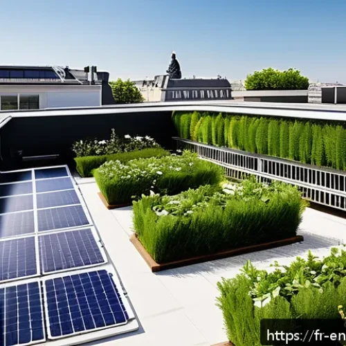 Home 31 환경경영 이론의 기본 개념 - A modern French urban rooftop garden scene showcasing sustainable architecture with solar panels and...