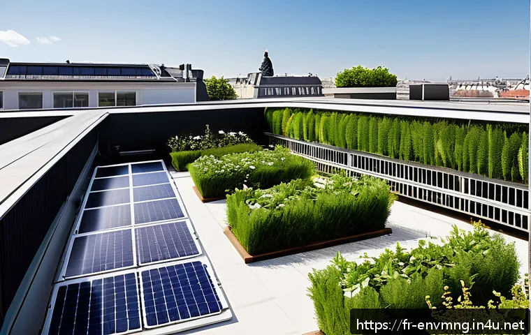 환경경영 이론의 기본 개념 - A modern French urban rooftop garden scene showcasing sustainable architecture with solar panels and...
