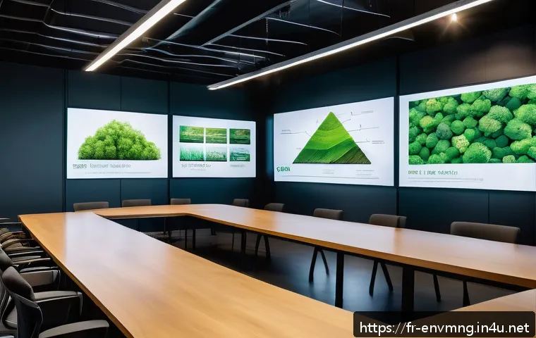 환경경영 직무 관련 인터뷰 질문 - A modern corporate office meeting room with diverse professionals engaged in a sustainability strate...